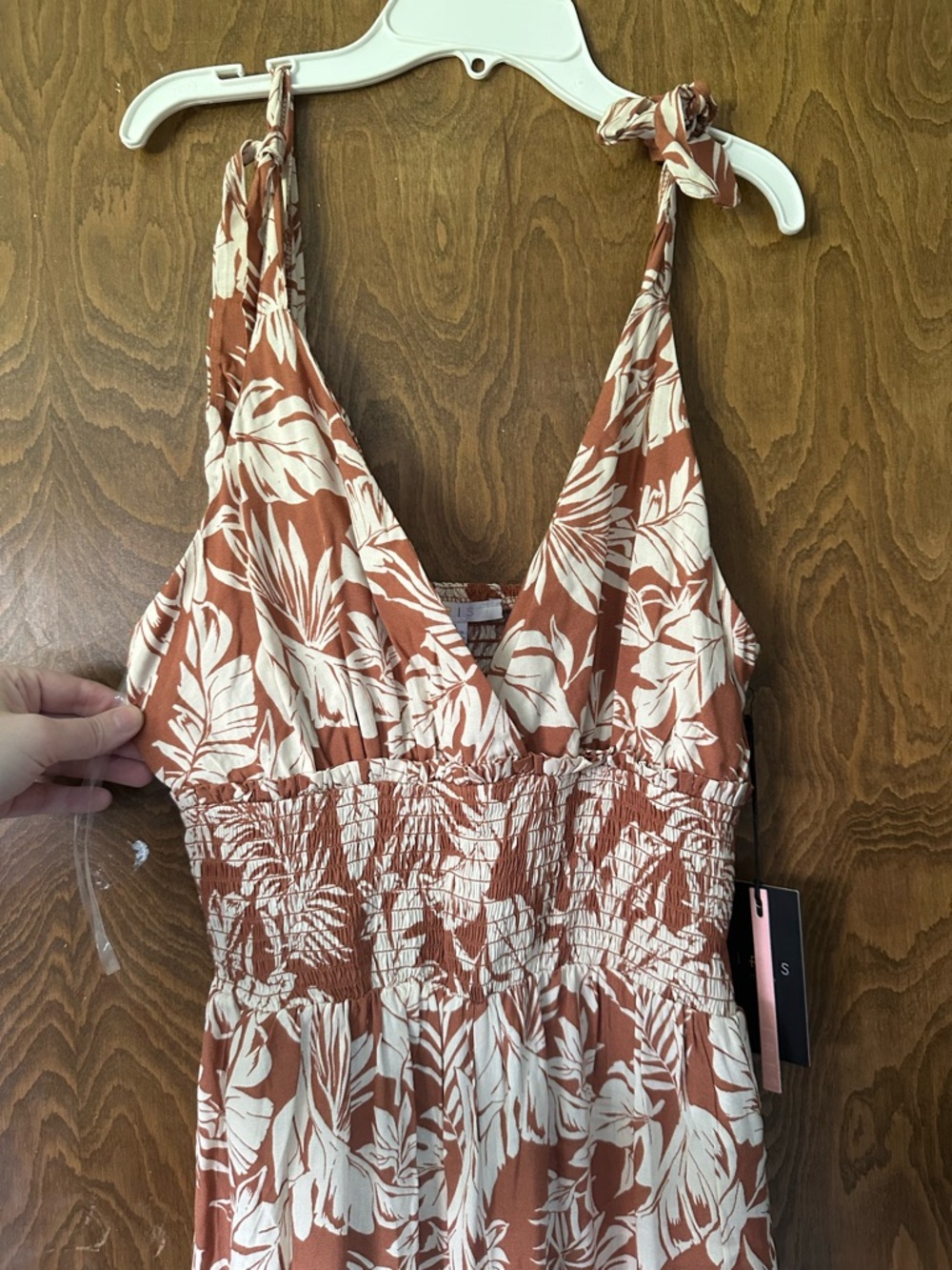 NWT Rust & White Tropical jumpsuit w/pockets Wide Flowy Legs Smocked Waist - Picture 3 of 8